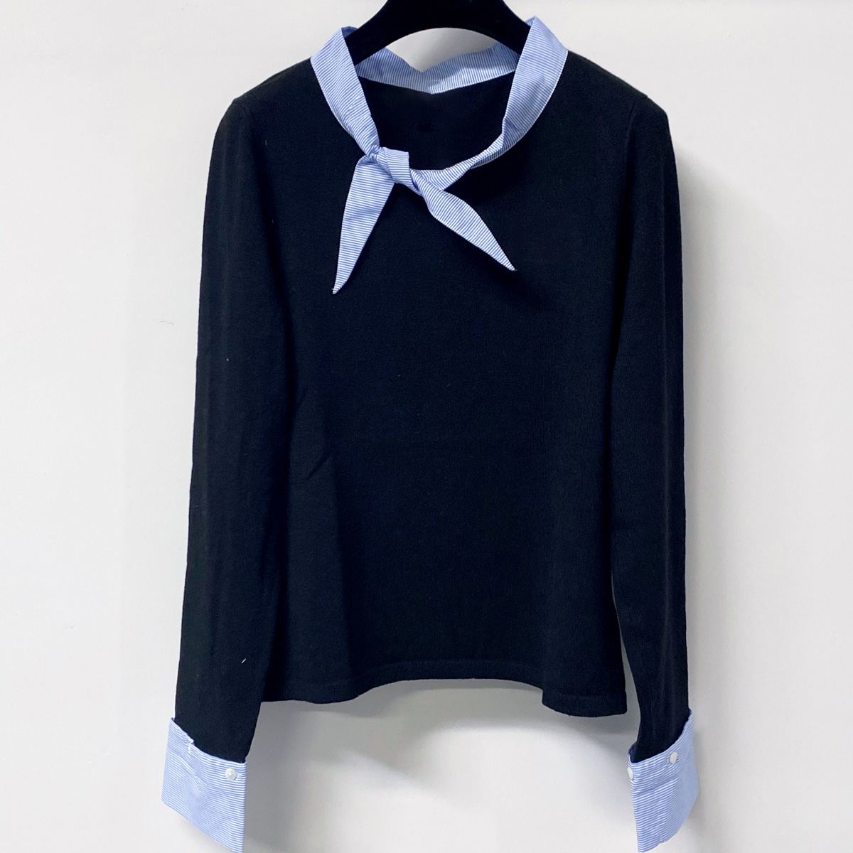 Women Fashion Necktie - 고품질 여성 타이넥 니트 탑 스트라이프