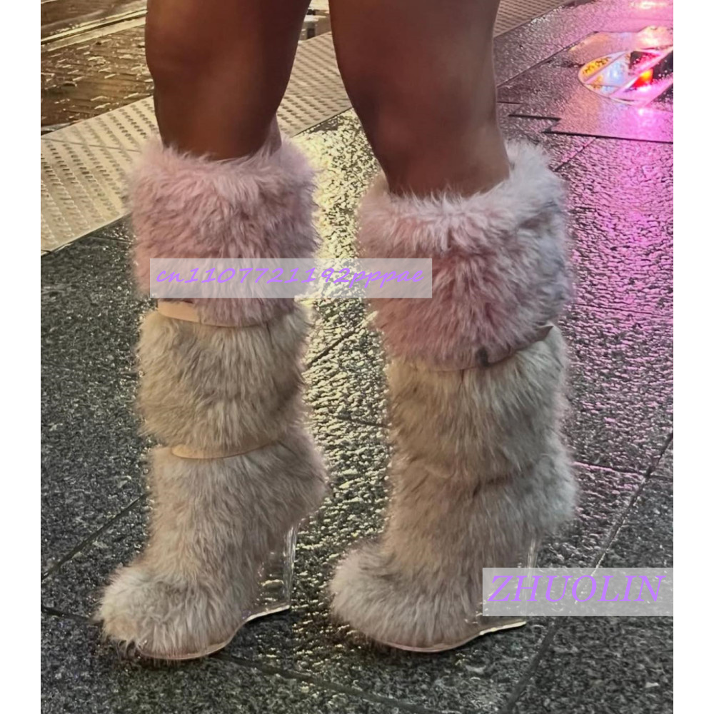 겨울 그라데이션 퍼리 투명 웨지 부츠 여성용 스위트 벨 - Women'S Fashion Knee High Boots 리뷰 및 가격
