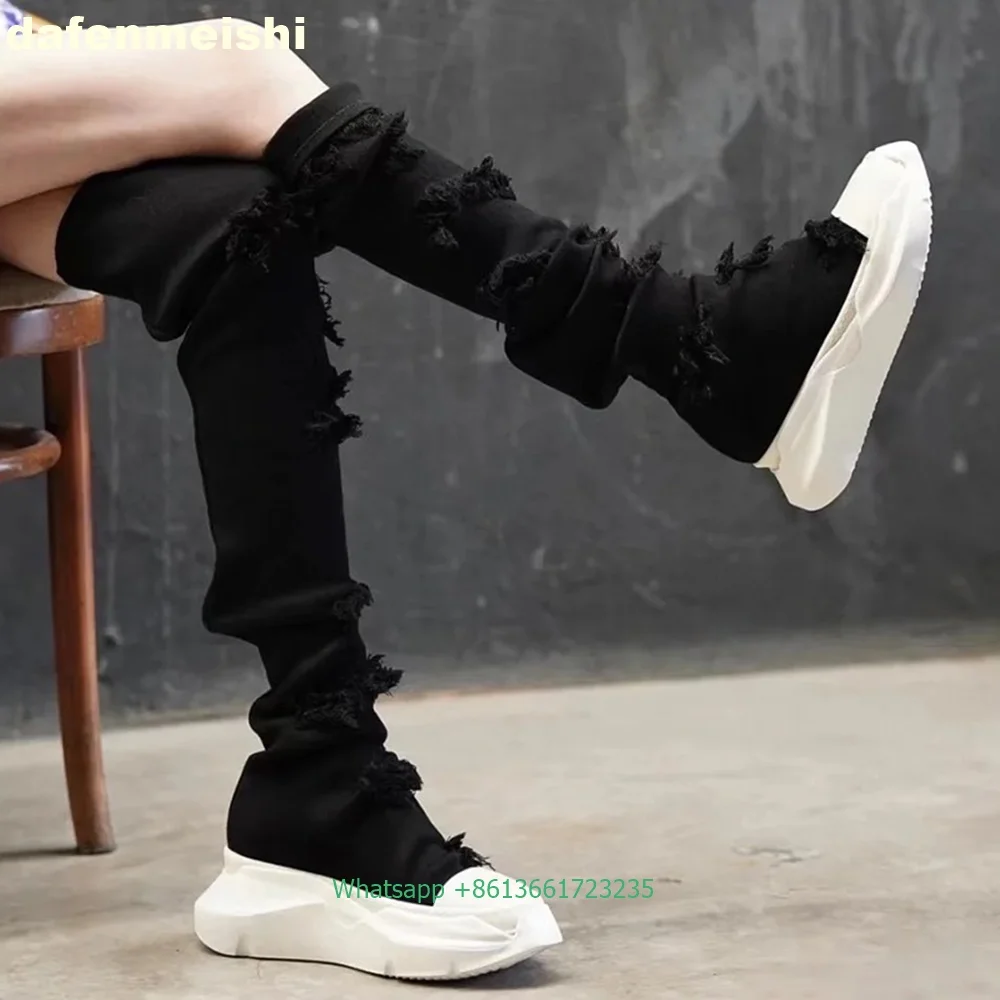 여성용 블랙 데님 오버니 부츠 웨지 스포츠 스타일 라운 - Women'S Fashion Knee High Boots 리뷰 및 가격